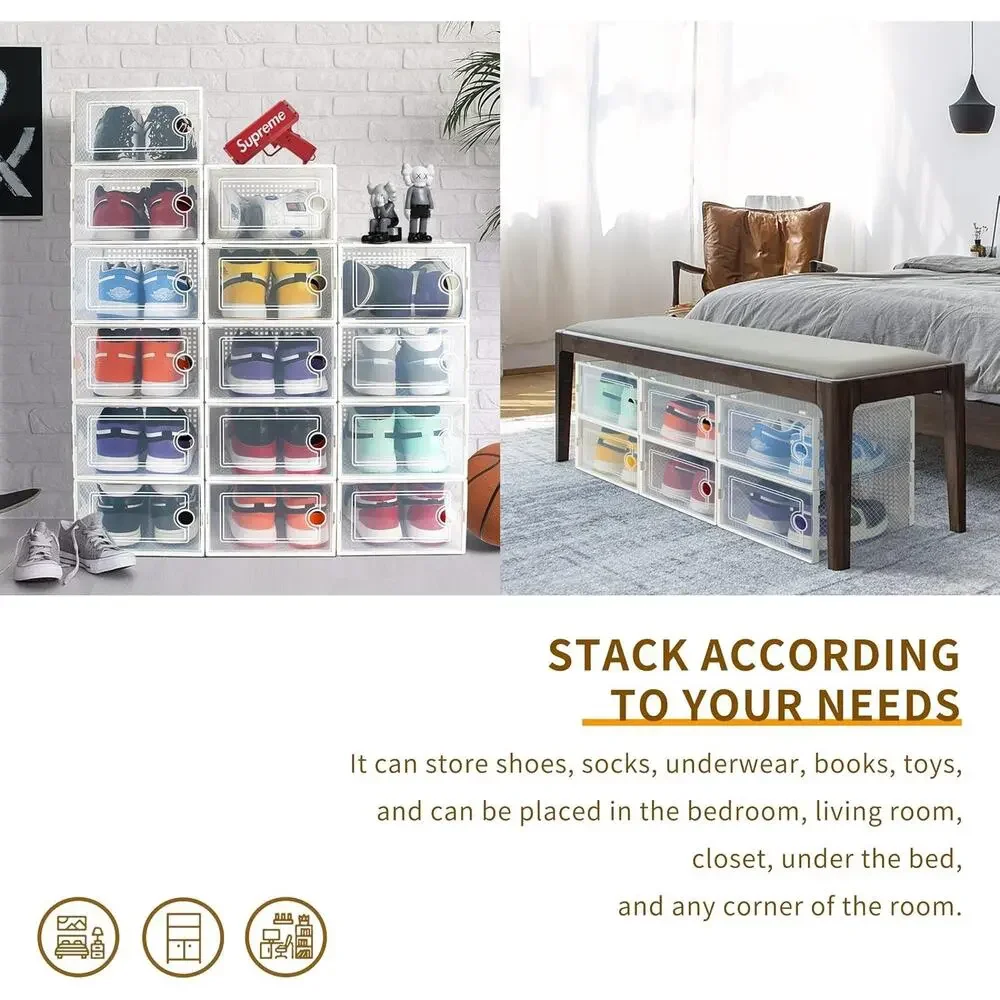 Stackable Clear Shoe Storage Boxes - 15 Pack Foldable Organizers for Closet